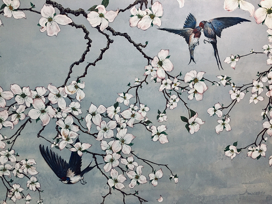 Artwork containing swallows in a magnolia tree